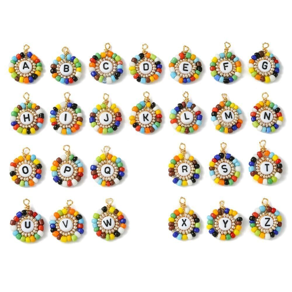 5377 26Pcs Letter A-Z Acrylic Glass Seed Beaded Charms Flat Round Alphabet